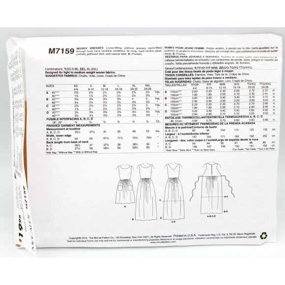 McCalls Pattern M7159 Sz Y Xsm Small and Med Misses Loose Fitting Dresses Uncut - Picture 2 of 2